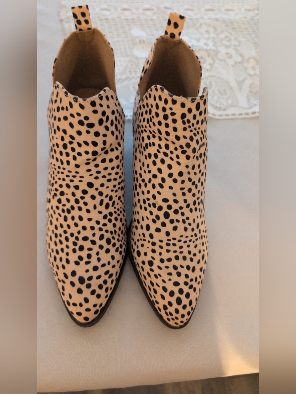 Women’s Spot Print Ankle Booties in Beige and Black